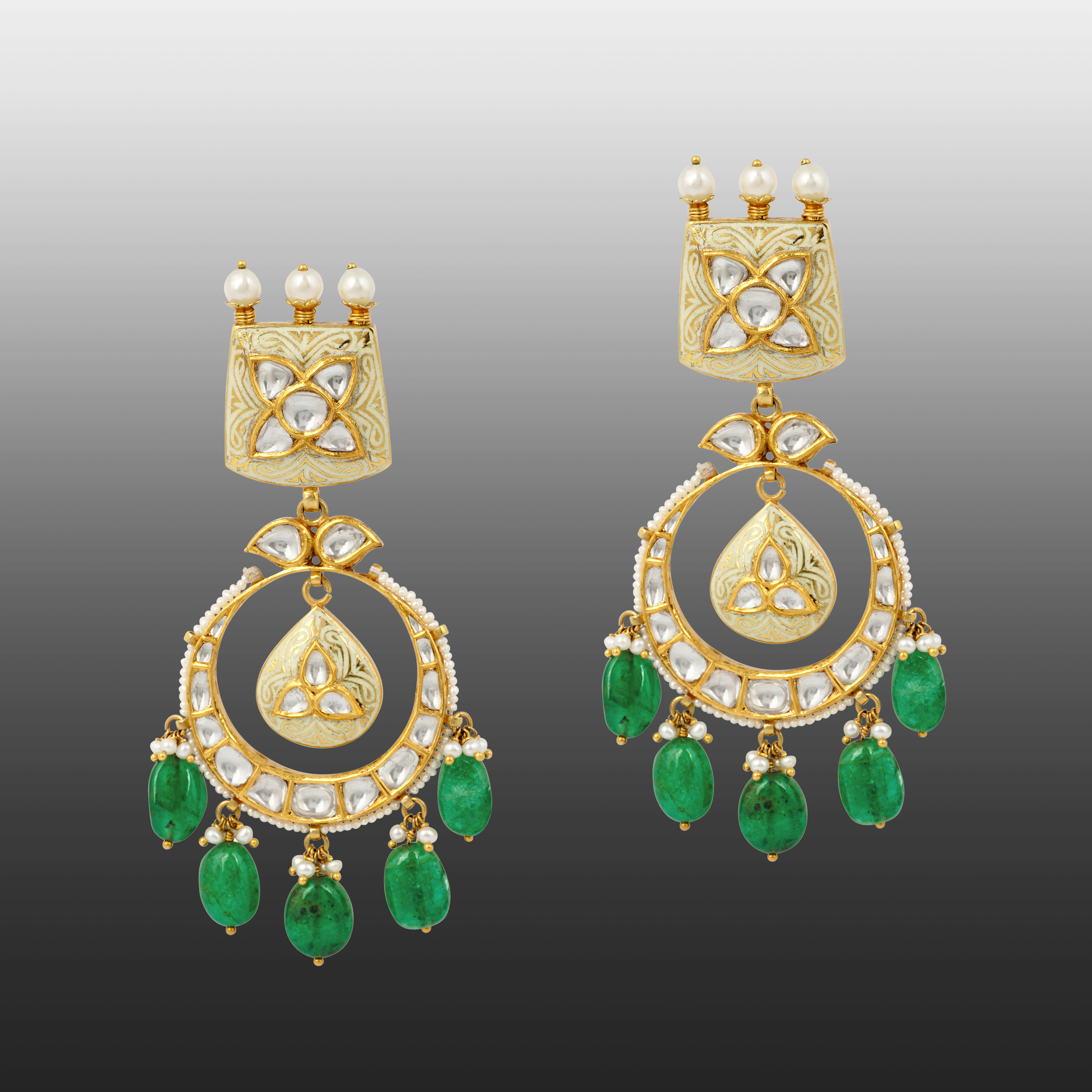 Ivory Enamel Chandbali Earrings with Polki, Emeralds, and Pearls